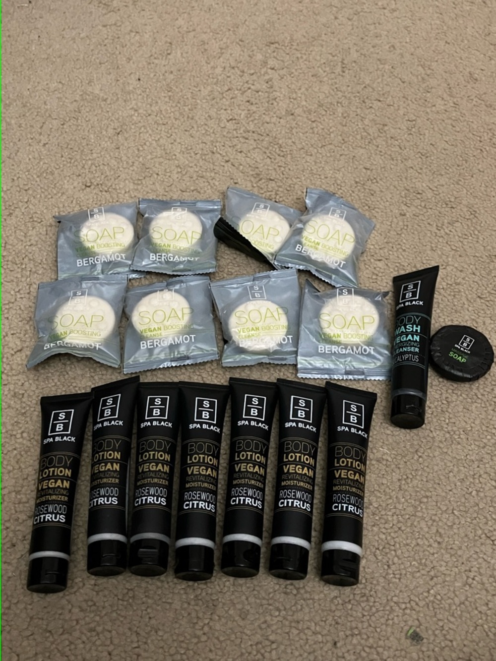 Spa Black Vegan Body lotion soap bundle, bonus body wash/massage soap, 17 piece